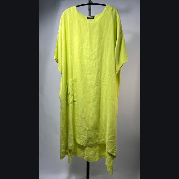 ESKANDAR Dresses & Skirts - ESKANDAR Long Beachy Dress Short Sleeve Tunic Sz 0 Green Lemon 100% Woven Linen